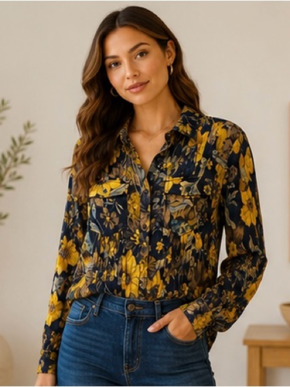 Tregene Floral Pintuck Button-Down Utility Blouse Navy Yellow Size M